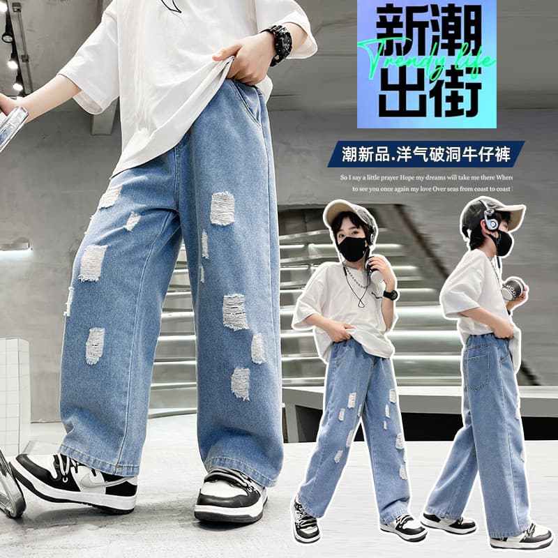 Children's Denim Jeans Capri Pants Summer Style Boys Loose Ripped Straight Leg Pants for Older Kids