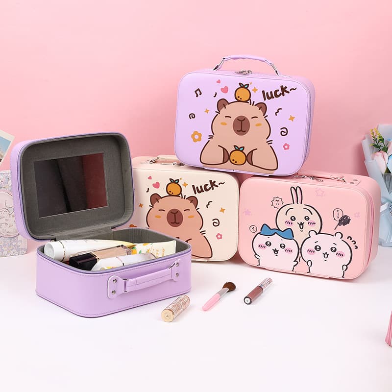 Portable Large Capacity Cartoon Capybara Makeup Bag with Mirror Children's Desktop Organizer Storage Bag Cosmetic Case