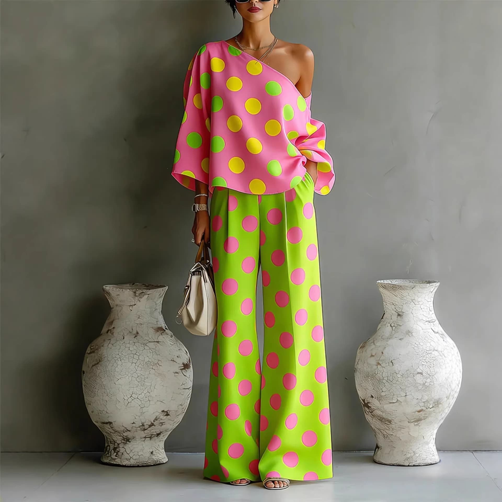 2026 European and American Cross-Border Summer Amazon New Independent Station Colorful Polka Dot Off-Shoulder Flowing Two-Piece Pants Set for Women