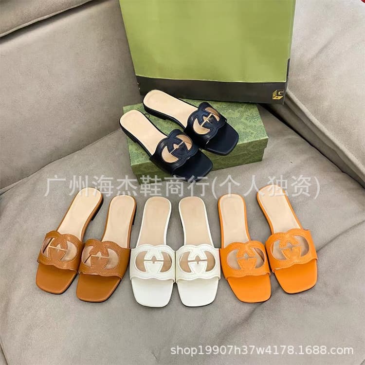 G Family Square-Toe Slippers for Women, Summer New Arrival, Matte Leather Flat Sandals with Letter Cutout, Flat One-Strap Slides