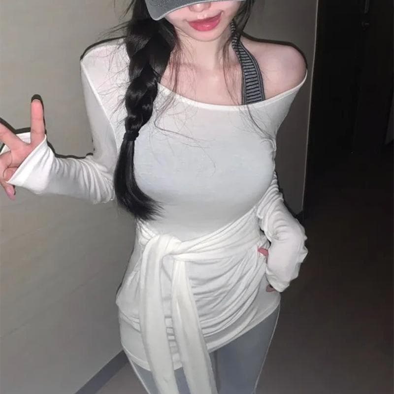 Korean Dongdaemun New Style Elegant Design Thin Long-Sleeve T-Shirt with Slight Shoulder Exposure, Waist-Cinching Tie, Figure-Flattering, Versatile
