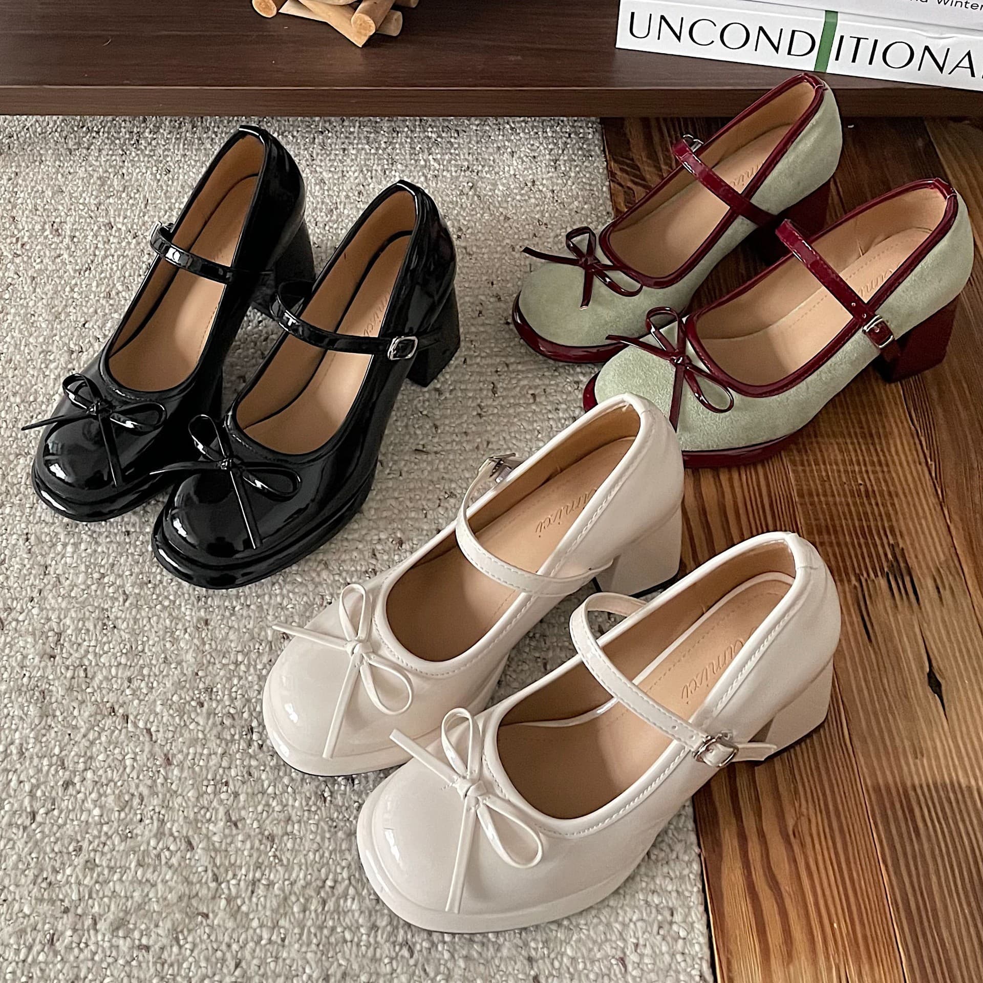 Black French-Style Round-Toe Chunky High-Heeled Shoes for Women, 2026 New Summer Model, Height-Increasing, with Bow, Suitable for Pairing with Dresses, Mary Jane Shoes