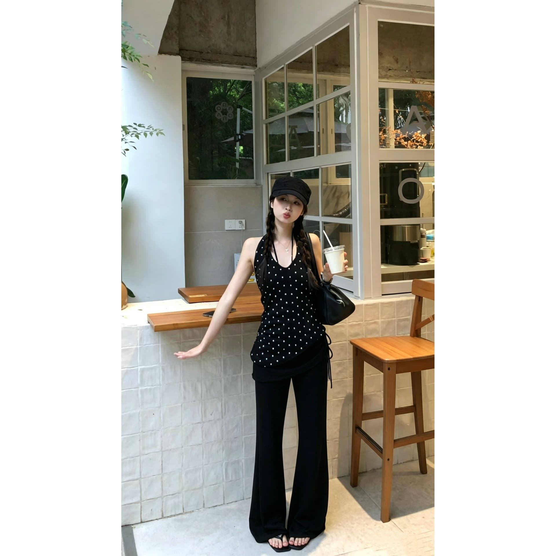 Actual shot~Summer sweet and cool girl’s halterneck V-neck backless polka-dot vest + high-waist micro-flared slim trousers suit
