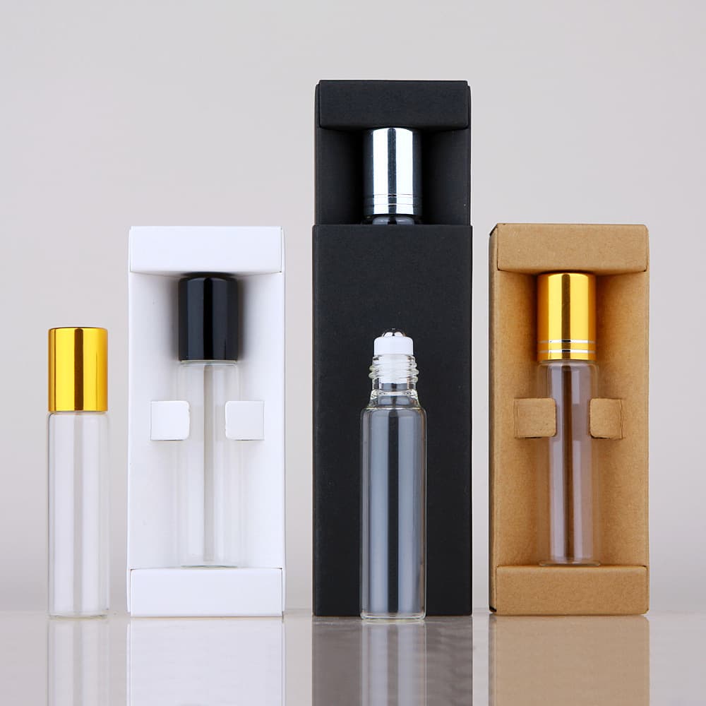 In stock 10ml transparent glass roller ball bottle, walking ball bottle, perfume bottle with packing box, glass essential oil bottle