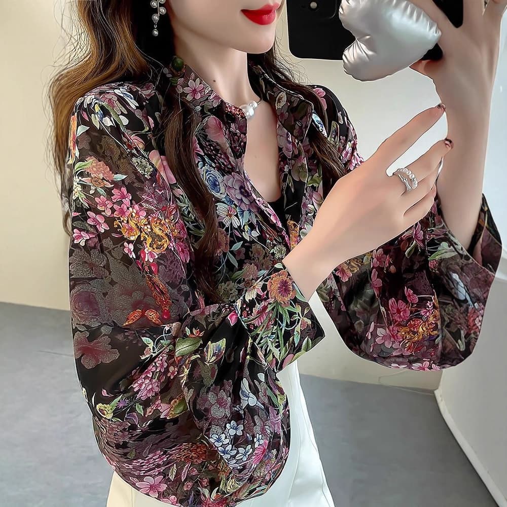 Lantern Sleeve Chiffon Blouse Women 2025 New Age-Reducing Floral Top Women Light Luxury High-End Black Shirt Women Fairy