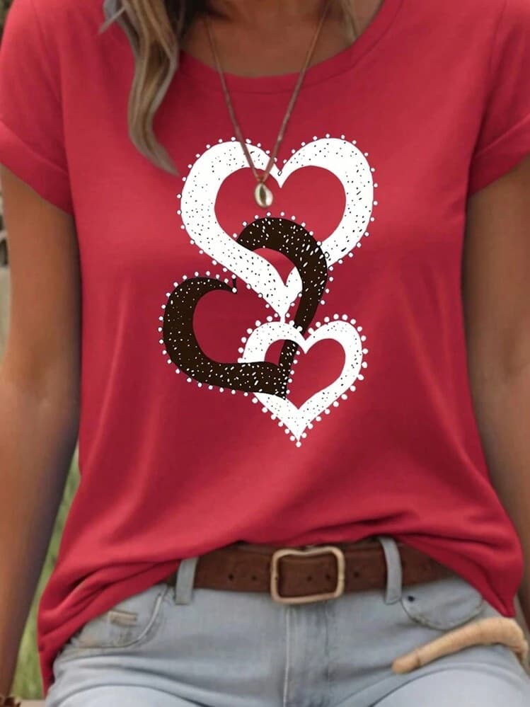 EMERY ROSE Women's Heart Pattern Printed Round Neck Short Sleeve T-Shirt