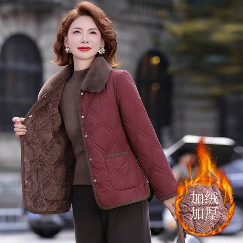 Mid-Age Mom Autumn/Winter Thickened Coat, New Fashion Cotton Jacket, Thin Fleece-Lined Warm Short Padded Coat for Middle-Aged and Elderly Women