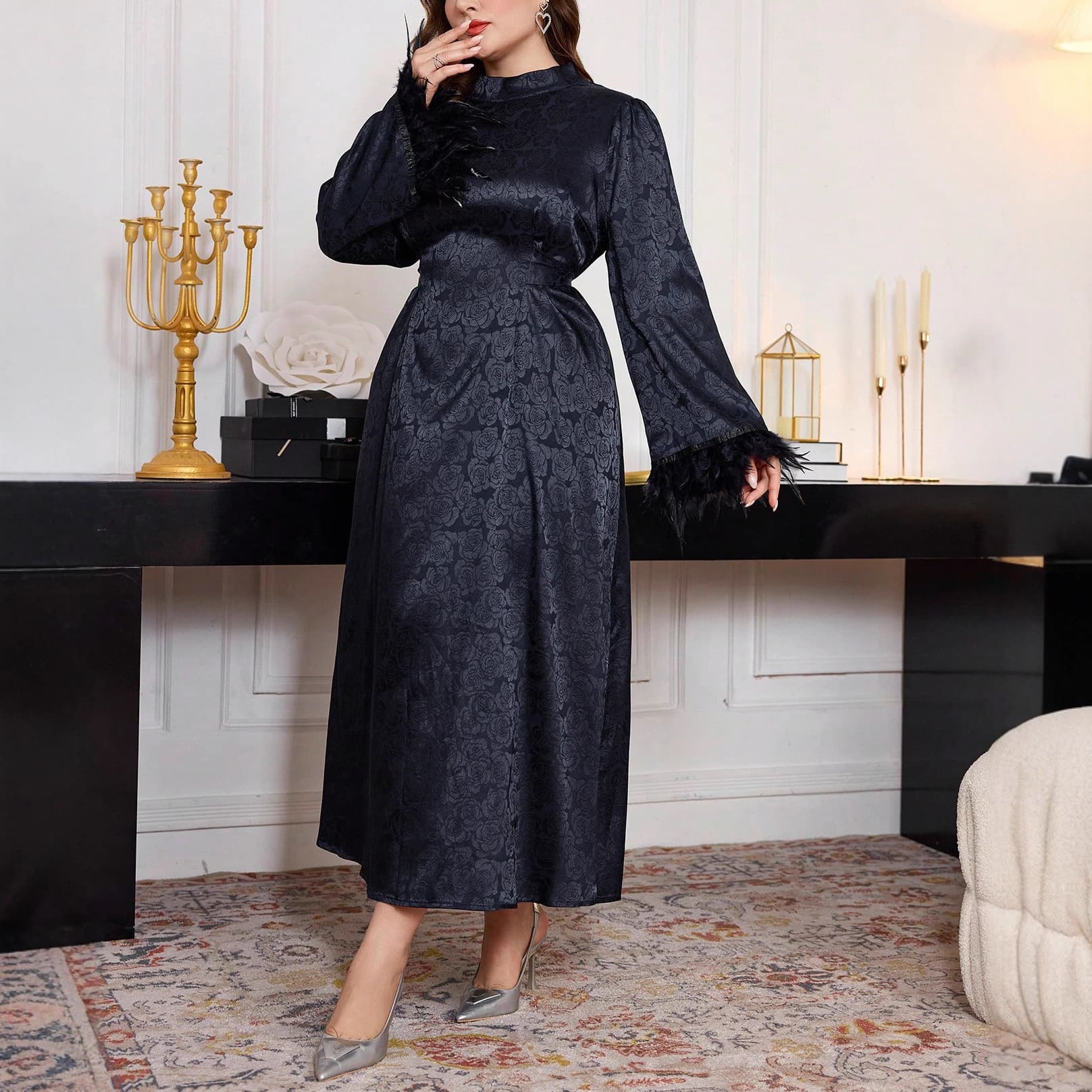 In Stock Autumn New Long Sleeve Waist-Tied Feathered Sleeve Jacquard Commuter Dress Elegant