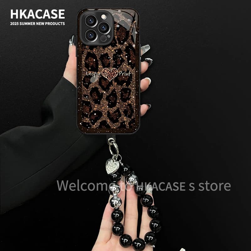 Luxury Leopard Heart Glass Case for Apple 17 Pro Max, IP16 Shockproof 15 with Hand Strap 14