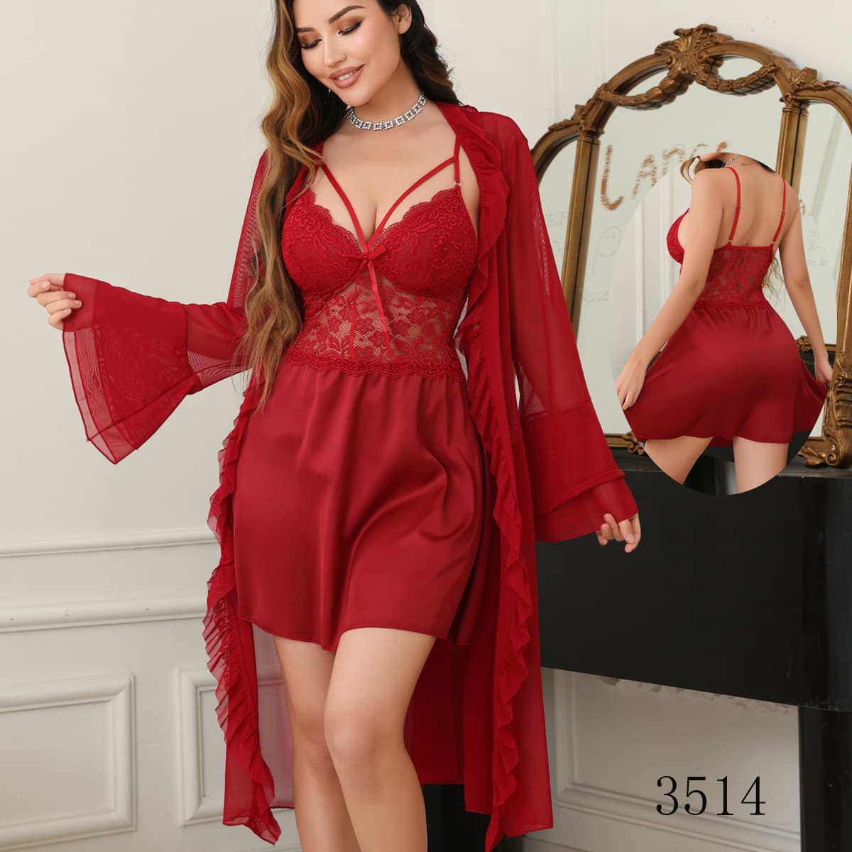 Cross-Border Summer Sexy Lace Ice Silk Nightgown Backless Women's Suspender Mesh Erotic Sleepwear Set 3514