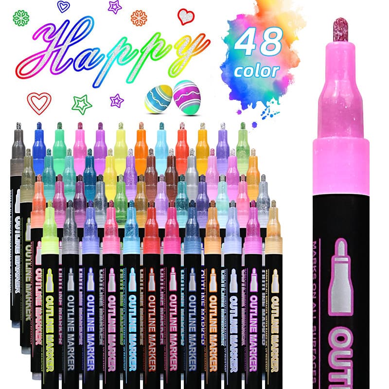 Cross-Border Double-Line Outline Pen Colorful Bold DIY Handbook Graffiti Drawing Holiday Decoration Flash Double-Line Marker Pen