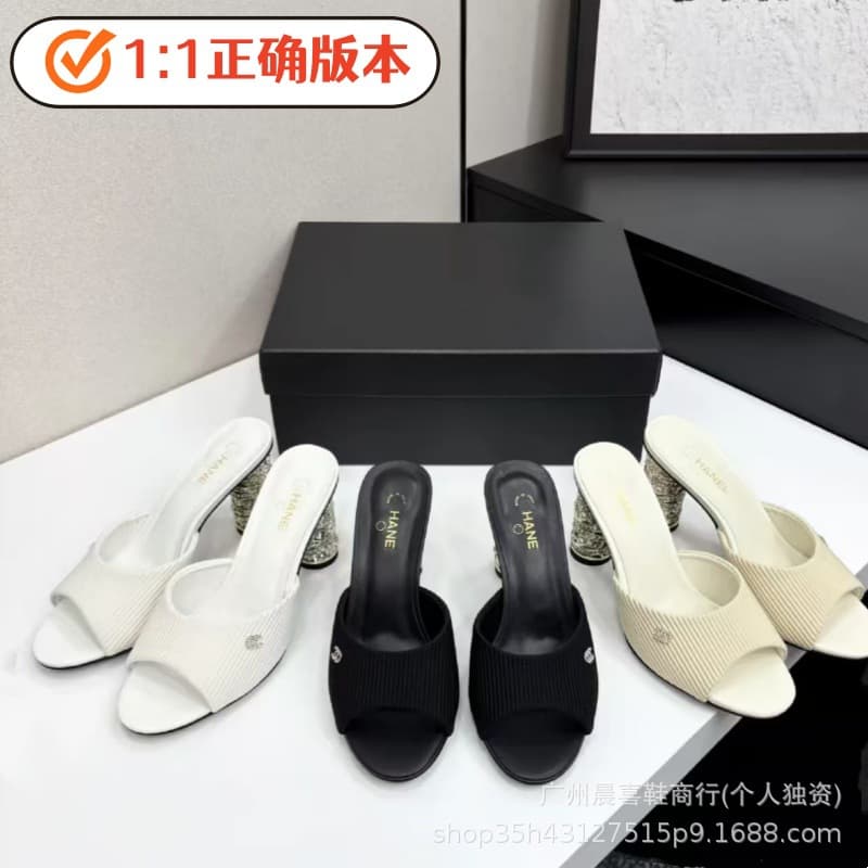 Chanel Style Rhinestone Pearl High Heel Slippers 2026 New Outdoor Fashion Diamond One-Strap Open Toe Fish Mouth Slippers for Women
