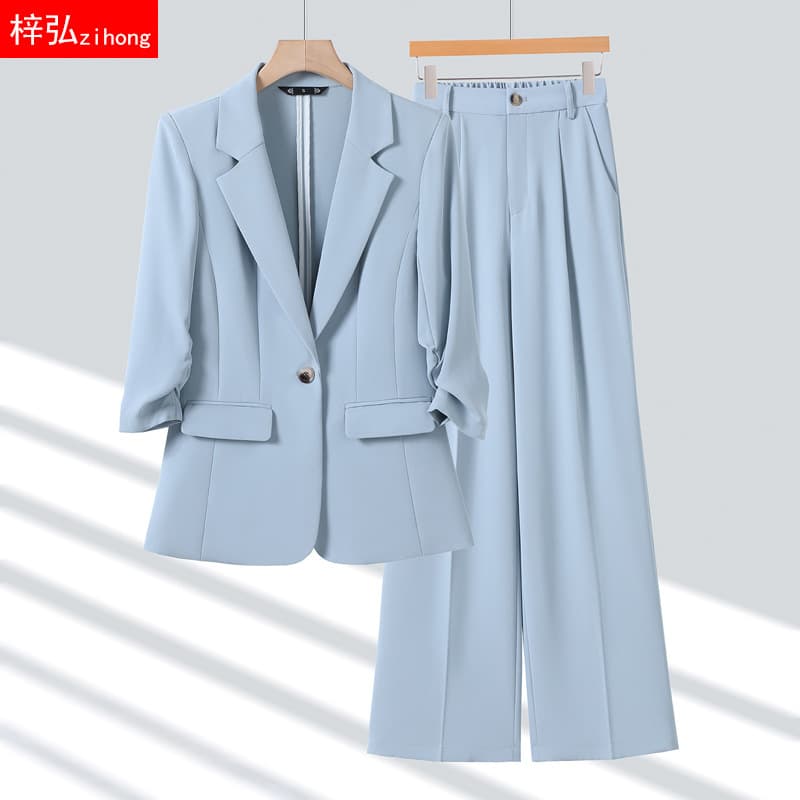 Pleated three-quarter sleeve blazer women's thin 2026 spring and summer new business attire temperament suit wide-leg pants suit