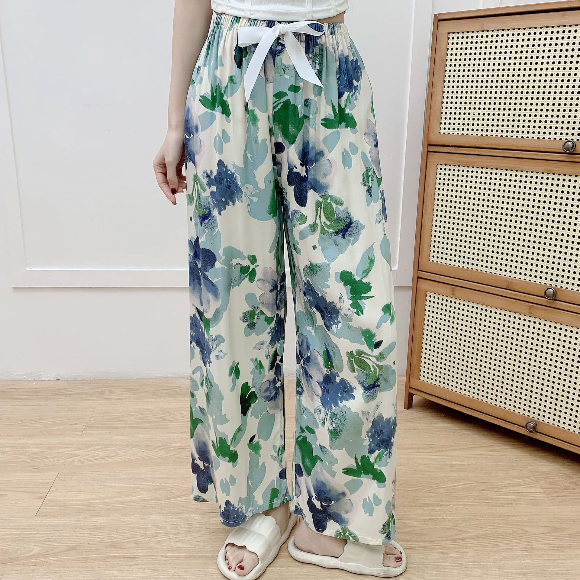 Women's summer new style cotton pajama pants, thin rayon casual pants, can be worn outside, plus size floral print loungewear.