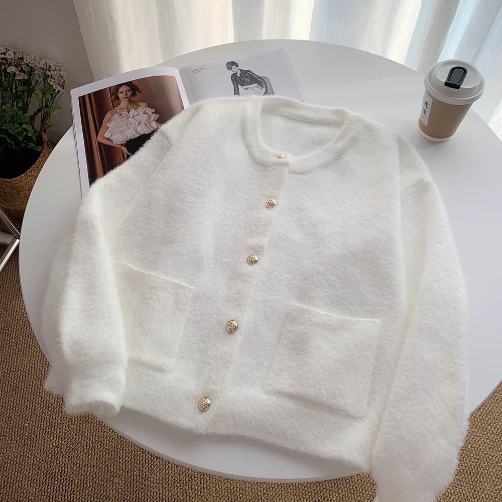 Small-chic style knit cardigan for women, autumn/winter new stylish versatile furry top round neck faux mink fur sweater coat.