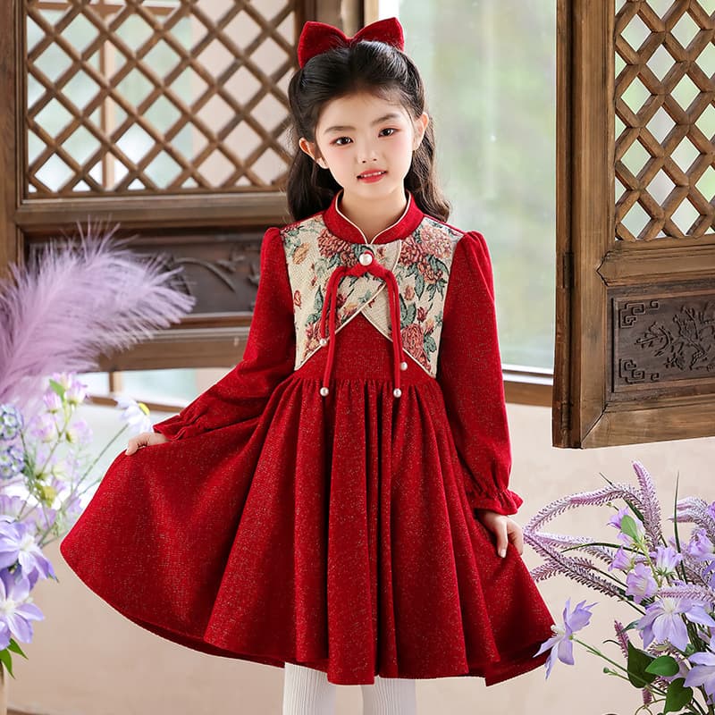 Girls' cheongsam New Year's greetings new long-sleeved velvet dress children's new Chinese style national style red thickened skirt for girls