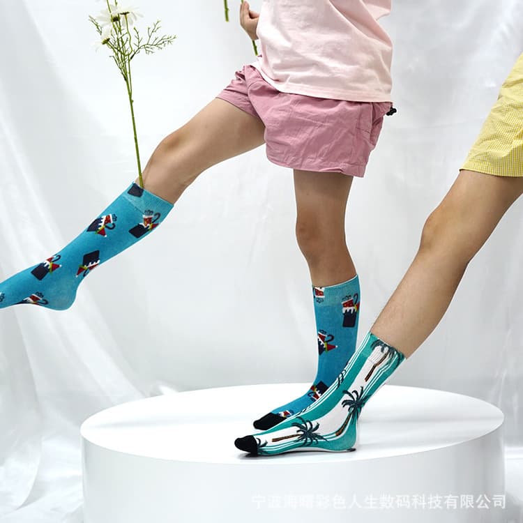 360-degree digital direct printing on cotton and polyester socks with provided designs.