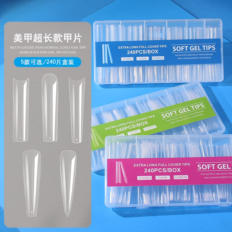 3XL Extra Long Water Pipe Nail Tips 240pcs Box Set Transparent Full Cover Half Cover Extension Hard Nail Tips