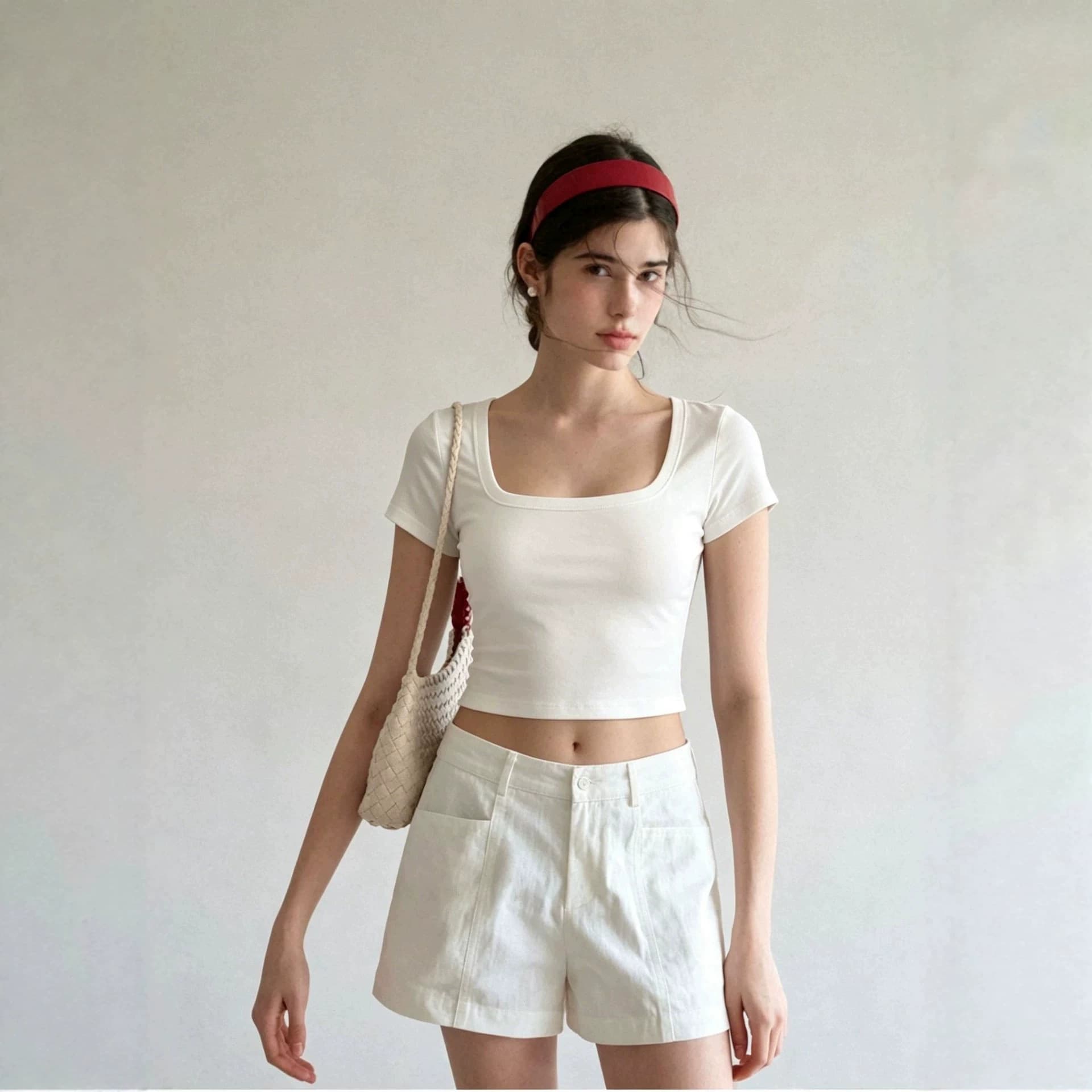 ZY316 European and American Export Women's American Style Deep U-Neck Crop Top Short Sleeve T-Shirt Summer Fitted Short Top