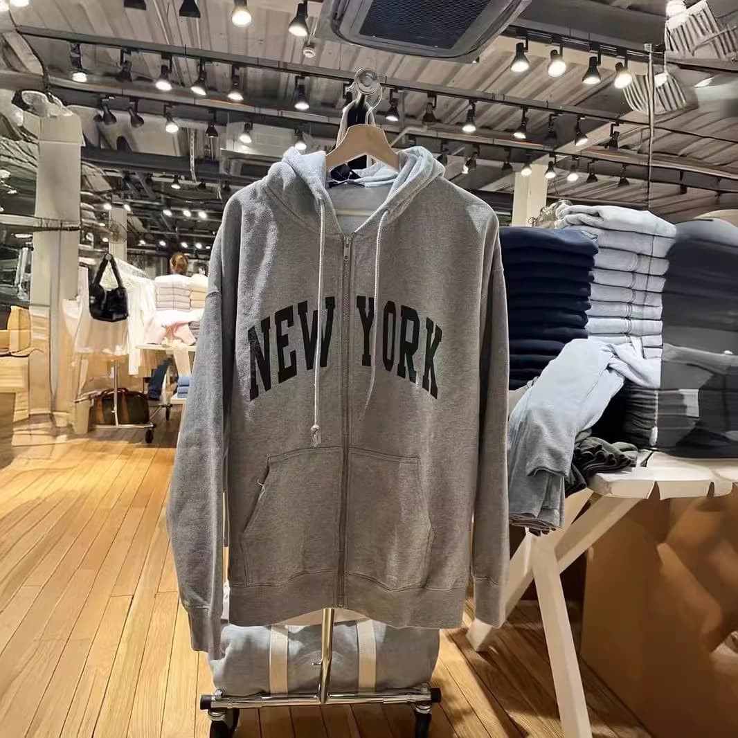 BM Style American NEW YORK Letter Print Loose Zip-Up Hooded Gray Cardigan Sweatshirt Jacket for Women Spring/Fall