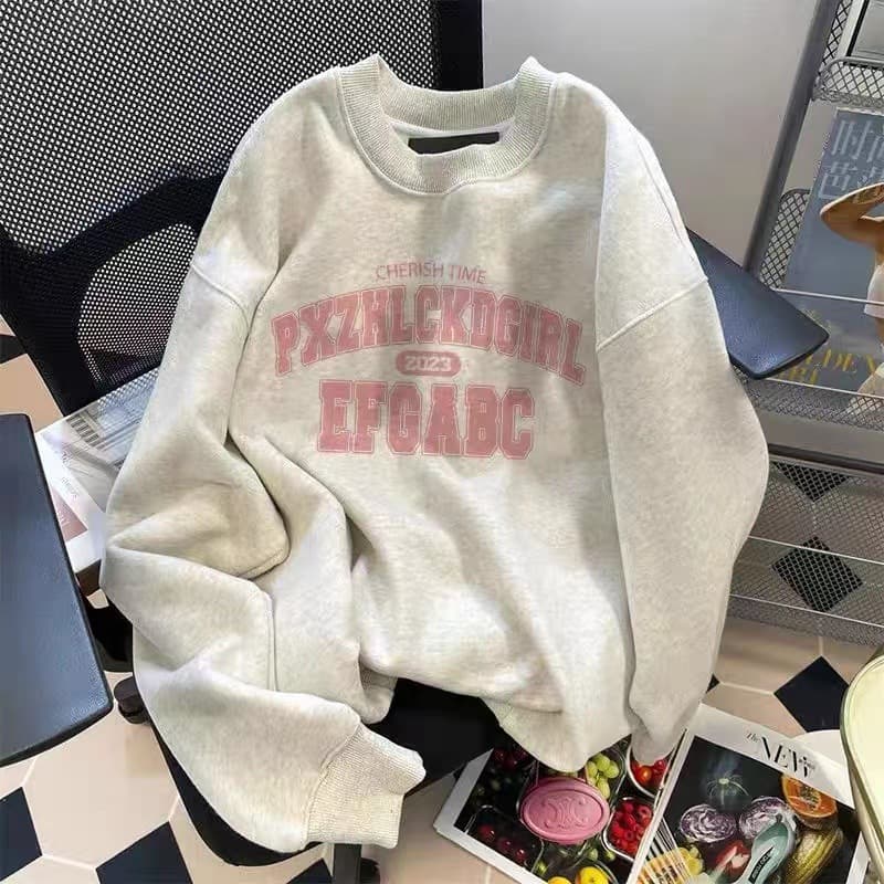 Silver Fox Fleece Sweatshirt for Women 2024 Winter, No Hood, Lined and Thickened, Round Neck, Loose Fit, Slimming Coat, Printed Top