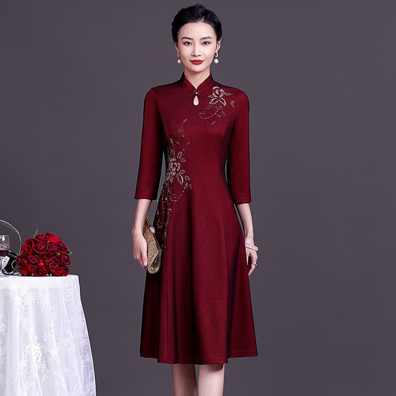 2025 Seasonal Transition Summer New Composite Mesh Beaded Wedding Banquet Dress, Outfit for Middle-Aged Mothers-in-Law and Mothers