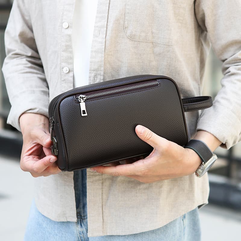 Fingerprint Lock Men's Handbag British Retro Combination Lock Clutch Pebble Grain Wallet Large Capacity Handheld Bag