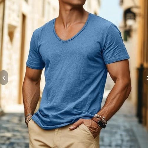 Summer Foreign Trade Hot Selling Men's New Solid Color Slub Cotton V-Neck Short Sleeve T-Shirt Pure Cotton Hot Selling European and American Men's Clothing