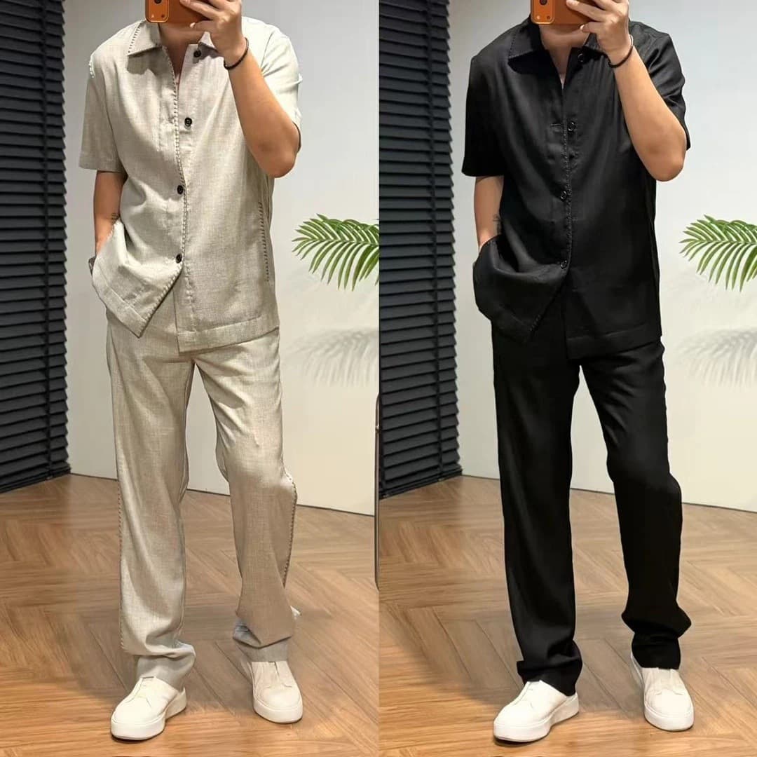 Fashionable and handsome old money style men's summer fashion and versatile suit, simple, loose, slim and slim two-piece set for men