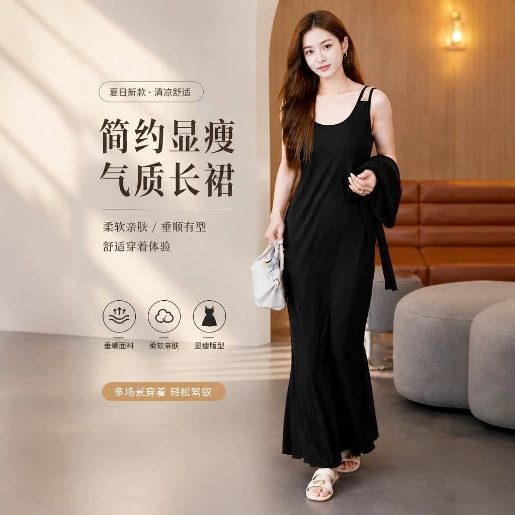 Knitted vest dress for women 2026 new summer style temperament over-the-knee long skirt thin bottoming suspender skirt