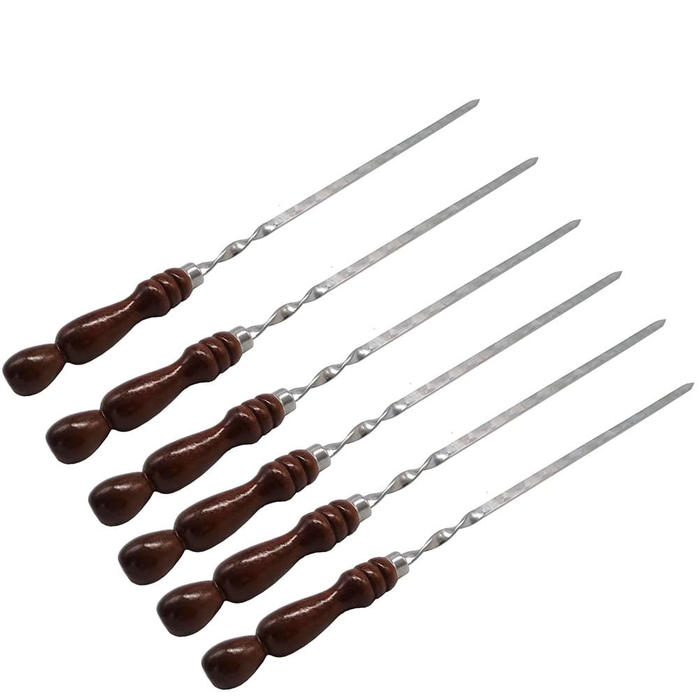 Russian-style hot-selling BBQ large flat stainless steel skewer with wooden handle Shashlik skewer