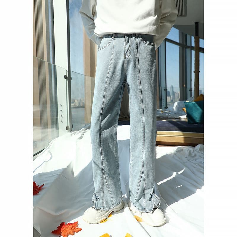 vibe pants American high street side slit jeans men's light blue zipper button trousers straight slim