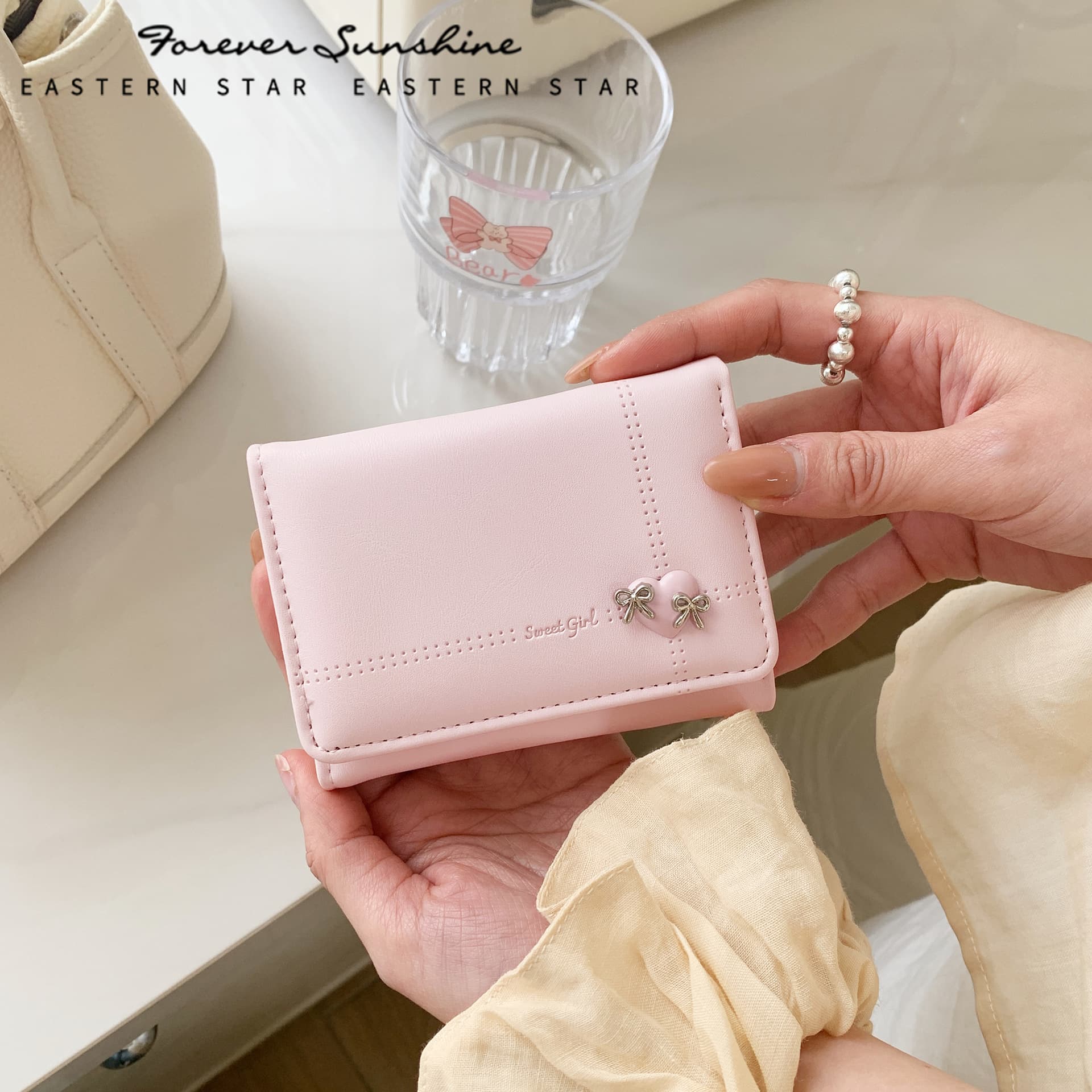 Love Bow Tie Small Tri-Fold ~ INS Korean Simple Fashion Women's Wallet Large Capacity Purse Foreign Trade Stock