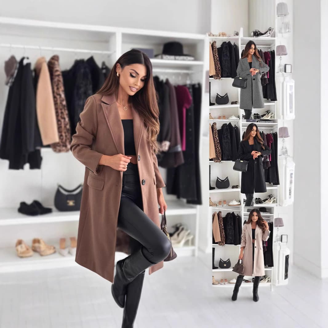 2025 Independent Site Wish Amazon Best Seller Autumn/Winter Simple Long Sleeve Solid Color Pocket Wool Coat Women's