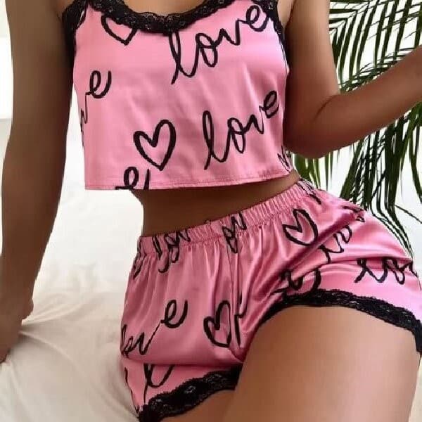 Women's Cute Floral Printed Sleepwear Spring Summer Homewear Fashionable Lace Patchwork Strap Suit