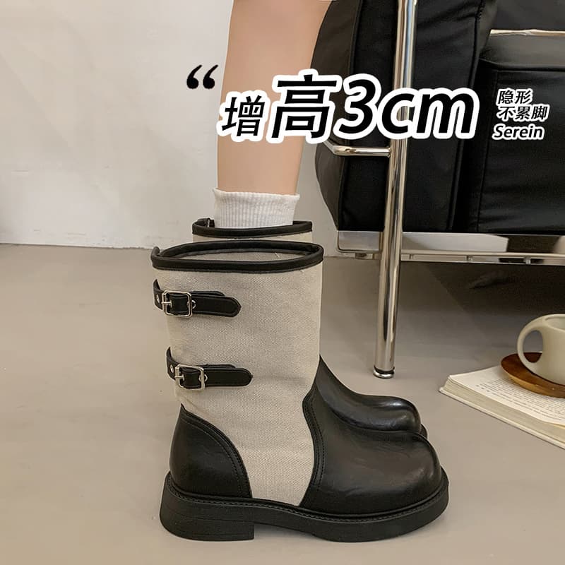 2026 Autumn New Retro Thick Sole Splicing Belt Buckle Western Cowboy Boots Women's Pile Boots British Style Knight Boots