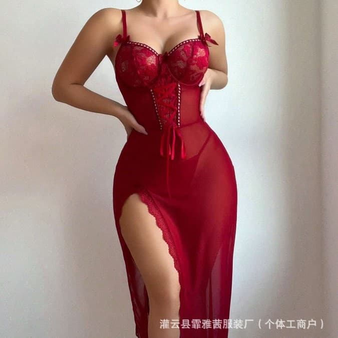 European and American Foreign Trade Plus-Size Lingerie Sexy Mesh See-Through Temptation Camisole Nightdress Small Bust Enhancing Push-Up Sleepwear