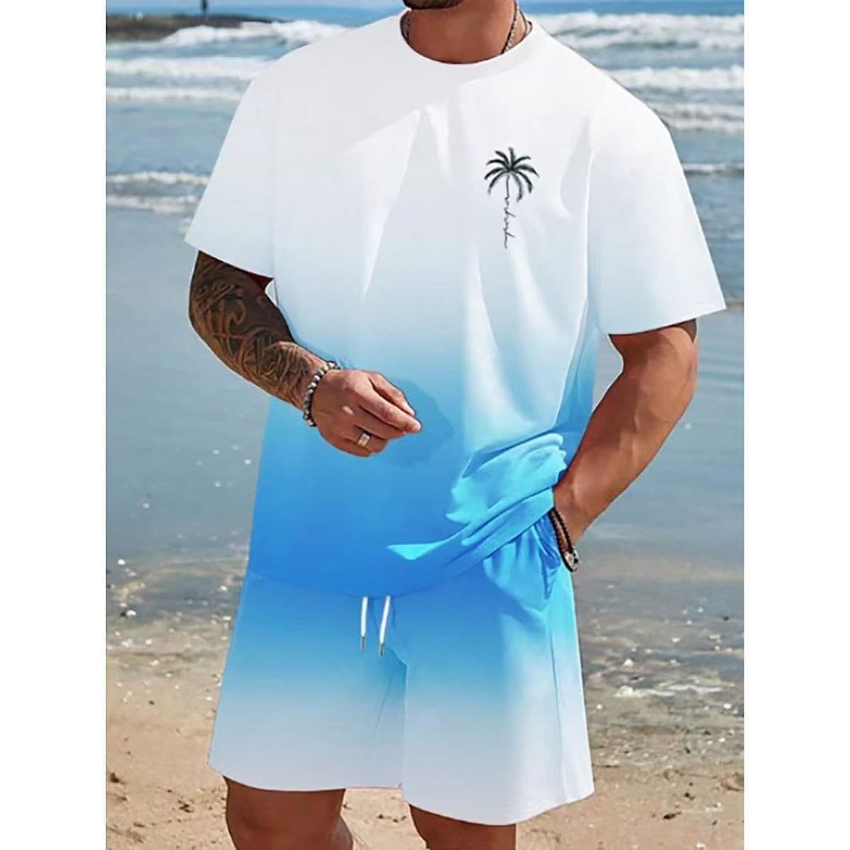 Oversized Men's Short Sleeve Top and Shorts Set with Palm Tree Beach Print Casual Sportswear