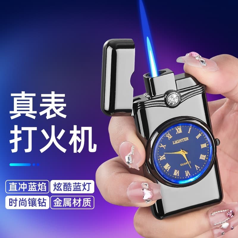 Direct Flame Blue Lighter Outdoor Windproof Igniter Watch Inflatable Lighter Blue Dial with Rhinestones