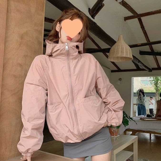 Pink Hooded Stand Collar Sun Protection Shirt for Women, Summer, Petite, Loose Fit, Casual Design, Thin Cardigan Jacket