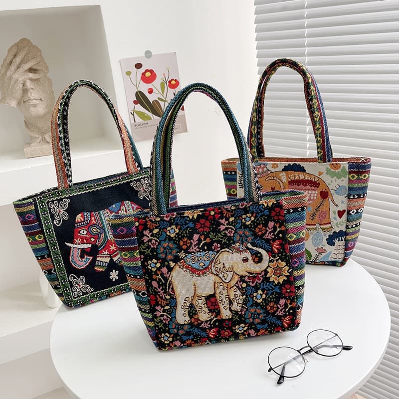 Wholesale Middle-Aged Mom Handbags, Women's Ethnic Style Canvas Bags, New Double-Sided Embroidered Hand-Held Small Square Bags, Women's Bags