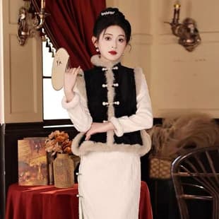 New Retro Cheongsam Chinese Style Black Fleece-Lined Thickened Vest with Faux Fur Collar Autumn Winter