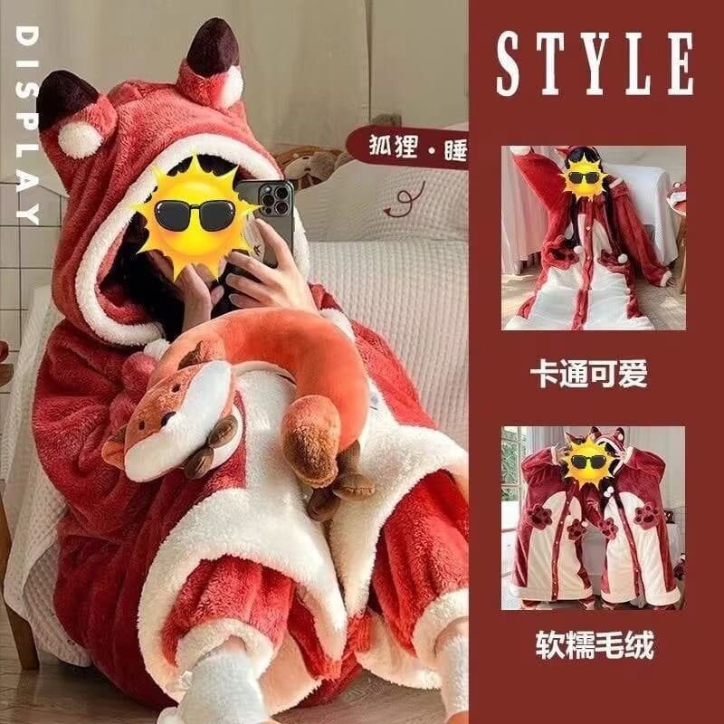 Red Fox Pajamas Women's Winter Nightgown Thickened and Warm Autumn Student Cute Bathrobe K-Style Fleece-Lined Thickened Long Style