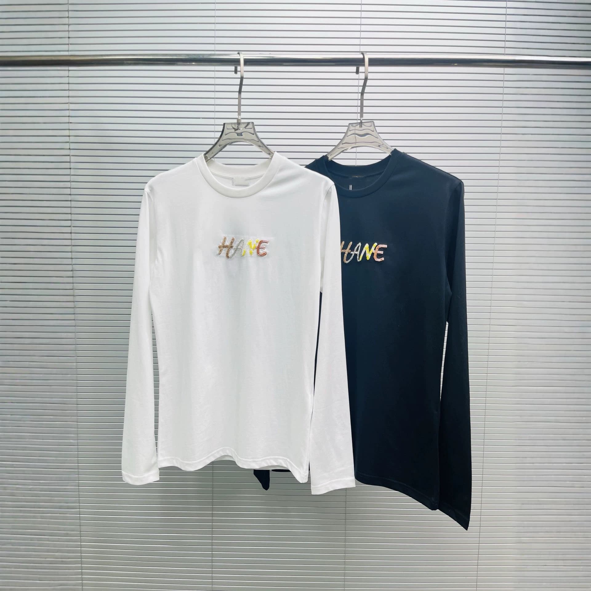 High version C home 26ss contrasting letter beaded embroidery round neck long sleeve basic versatile slim fit men and women T-shirt