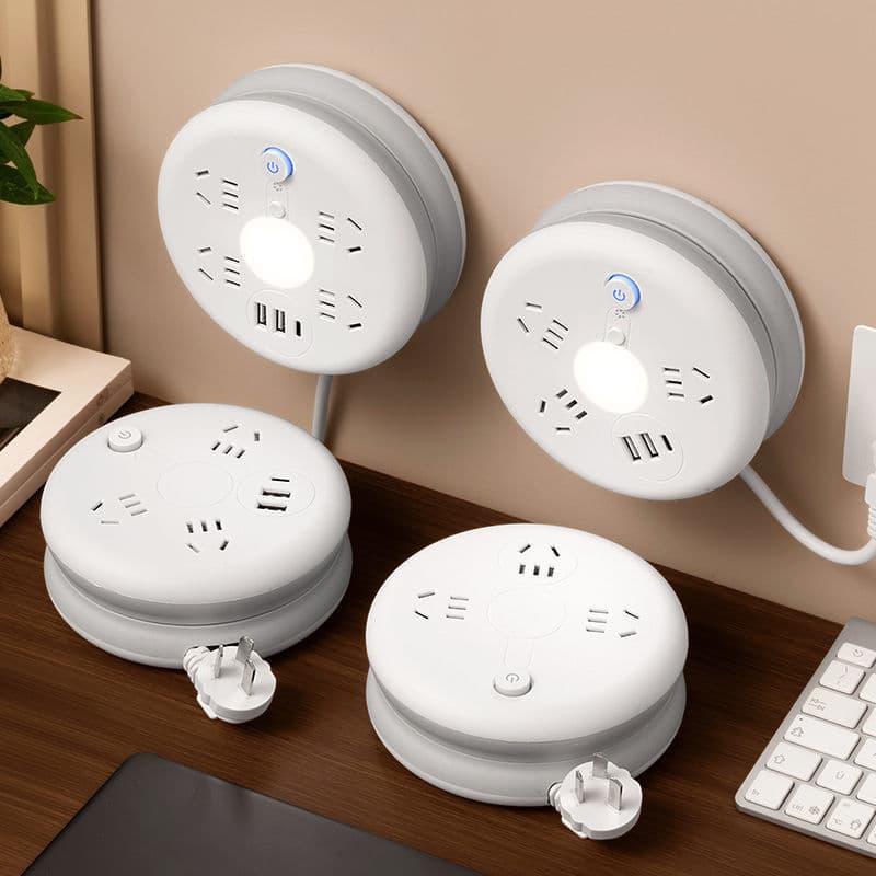 Long-line retractable power strip with USB, night light, multi-outlet, and storage features for home use.
