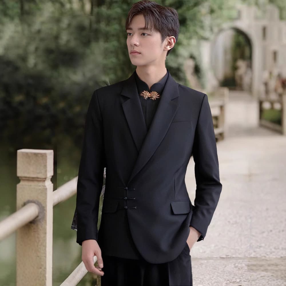 New Chinese-style Mandarin Collar Groom Suit Set for Engagement Wedding Ceremony National Style Blazer