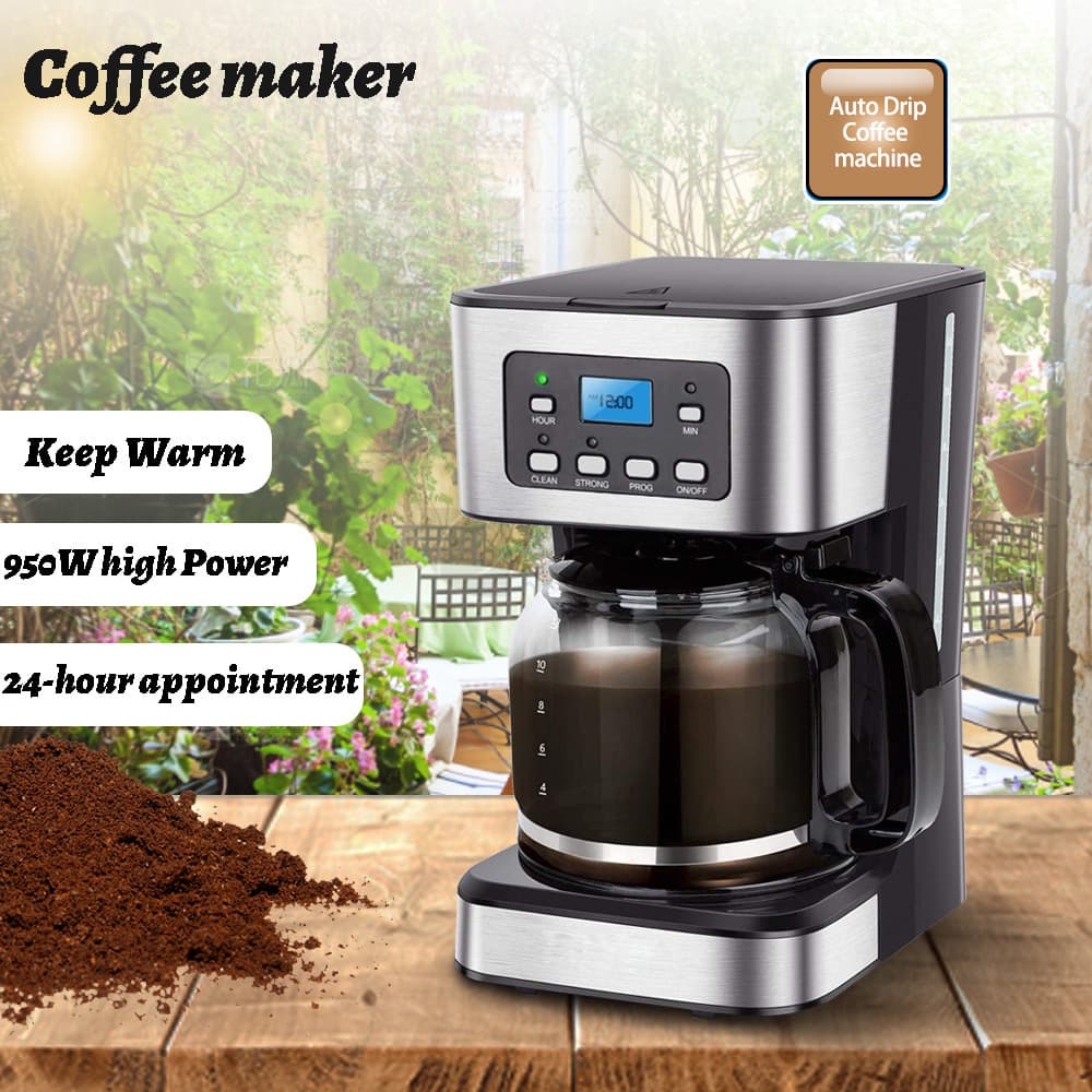 Cross-border European/American style drip coffee machine, 1.5L large capacity heated coffee pot with 24-hour timer and keep-warm function.