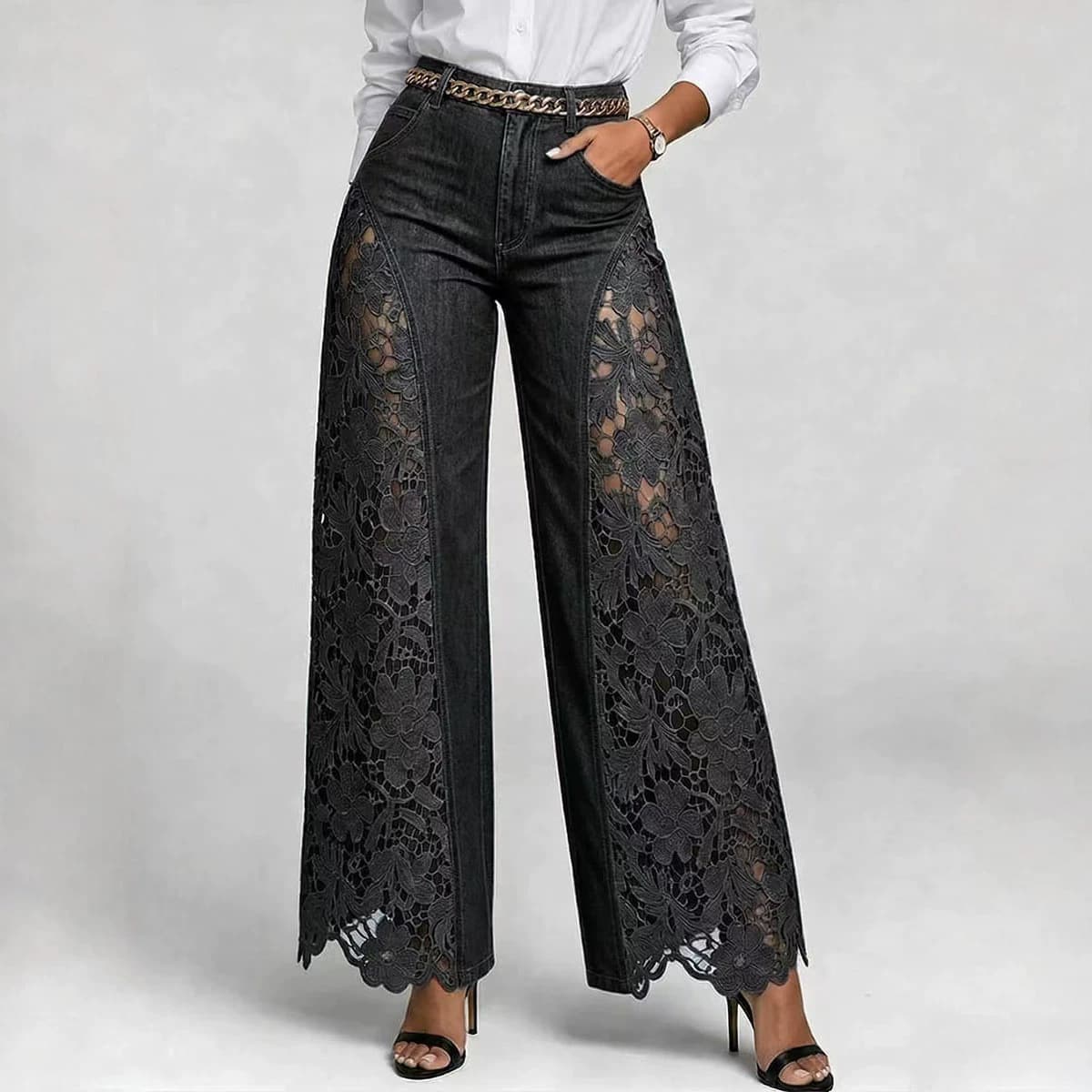 2026 Cross-border Amazon Independent Station European and American New Women's Elegant Washed Denim Lace Patchwork Long Jeans