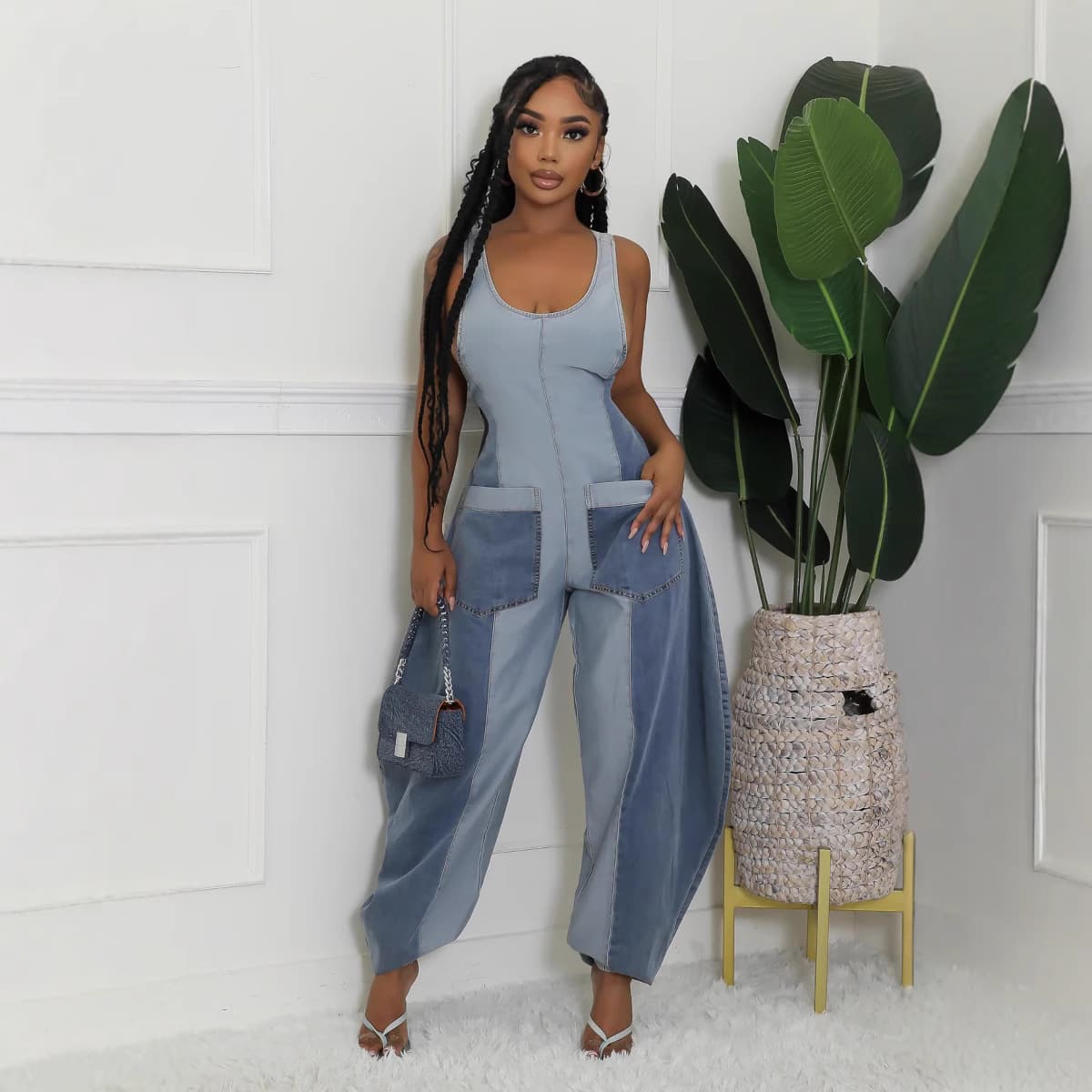 24 Cross-Border Trade Casual Loose Jumpsuit for Women Autumn/Winter Fashion Denim Overalls Color-Block Set
