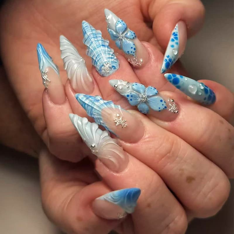 Cross-border Hot-Selling 3D Shell Carved Long Stiletto Nail Tips Handmade Rhinestone Press-On Nails Wholesale 24 Pieces